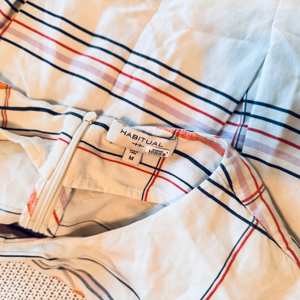 HABITUAL Nell Top White Red Navy Blue Tartan Plaid Striped Blouse w Tie Waist - Picture 13 of 16